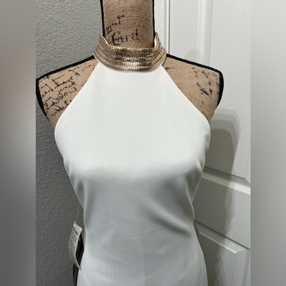 Bebe Mini White Halter Dress with Gold Jeweled Collar Lowback - Picture 4 of 14